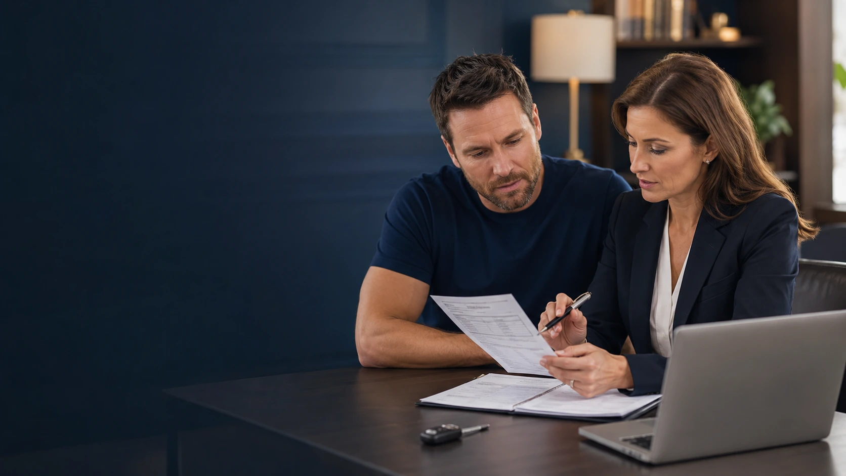 Legal professional reviewing traffic ticket documents with a driver in a modern office